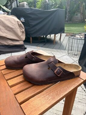 Birkenstock Brown Leather Slip-On Clogs with Buckle